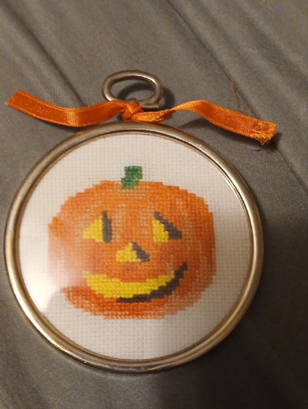 Cross-Stitched Jack-O'-Lantern Picture - Orange Pumpkin Design - Picture 3 of 3